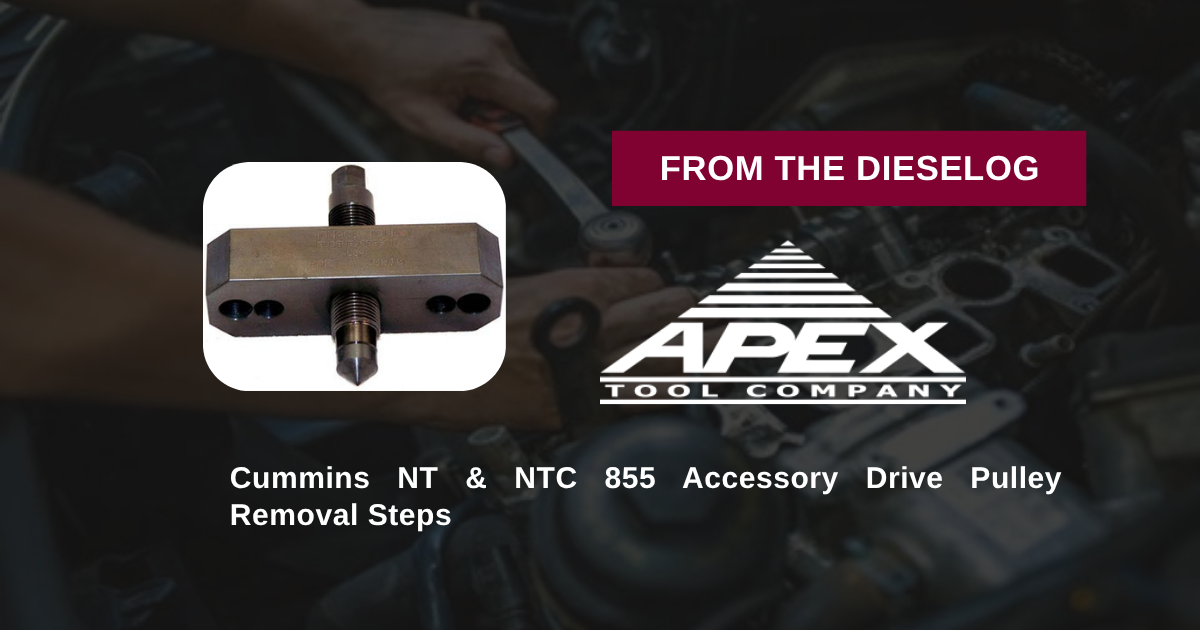 Step-by-step close up layout of accessory drive pulley puller tool mounted on a Cummins NT front cover